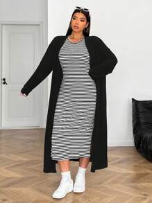 SHEIN EZwear 大码女式长款黑色开衫搭配无袖条纹连衣裙 - 黑與白 - 查看 6
