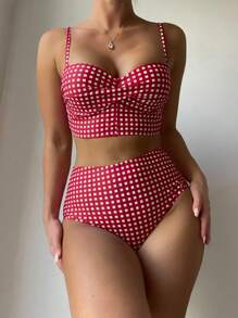 Swim Lushoire Summer Beach Plaid Bikini Set Twist Push Up Bra & High Waisted Bottom 2 Pieces Bathing Suit - Red and White - View 2