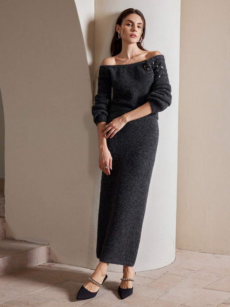 2pcs Set Elegant French Style Loose Fit Gray Rhinestone Decor Women Sweater