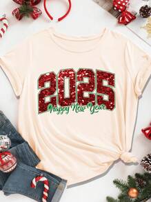 Flirla 2025 Happy New Year Letter & Spark Print Plus Size Round Neck T-Shirt, Beige Graphic Tees Women Tops