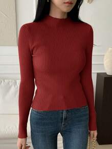 DAZY 女士纯色长袖立领休闲新款修身套头衫，适合秋季女装 - 紅色 - 查看 5