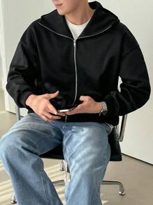 DAZY Men's Solid Color Long Sleeve Zip-Up Hoodie Sweatshirt, Casual For Autumn/Winter - Black - View 4