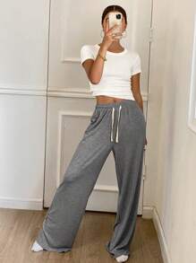 DAZY Simple Cut-Off Fitted Top And Loose Straight Leg Pants Pajama Set - Grey - View 3