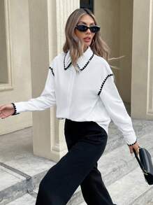 Serisse 女士秋季拼布花卉饰边落肩长袖休闲衬衫法式简约休闲纯色饰边基本款长袖翻领衬衫，波西米亚风，白色上衣 - 白色 - 查看 3