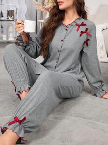 SHEIN 女士撞色荷叶边圆领蝴蝶结装饰上衣和裤子家居服套装，假日舒适装扮，秋冬季服装 - 灰色 - 查看 1