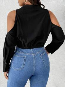 Maweii Camisa corta de manga larga con hombro hueco, diseño ceñido y unicolor para mujer talla grande - Negro - Ver 7