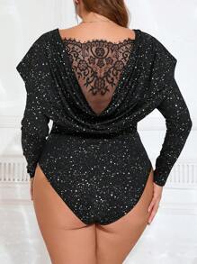 SHEIN Frenchy 大码女式优雅蕾丝拼布垂坠长袖紧身衣 - 黑色 - 查看 6