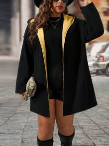 SHEIN LUNE Reversible Two-Tone Sherpa Jacket With Pockets, For Plus Size Women, For Winter Clothes - Black - View 4