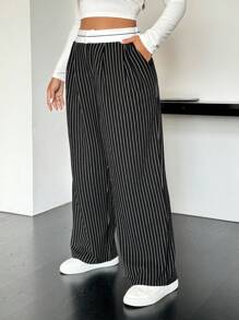 SHEIN EZwear Pantalones casuales holgados de talle alto con pliegues y rayas en patchwork para mujer de talla grande