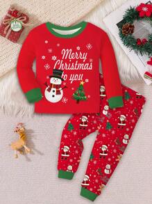 SHEIN Christmas Cute Cartoon Santa Claus, Gingerbread Man, Snowman, Christmas Tree, Snowflake, Hoho Pattern, Young Girl Casual Minimalist Red Festive Soft Cozy Long Sleeve Pants Pajama Set, Suitable For Autumn/Winter, Snug Fit, Christmas Girls Outfits, Christmas Young Girl Clothes, Christmas Pajama, Christmas Young Girl Pajamas, Girls Pajamas - Multicolor - View 2