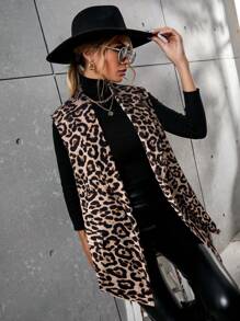 SHEIN Clasi Blazer de mujer de estampado de leopardo aleatorio sin mangas con cuello - Marrón - Ver 1