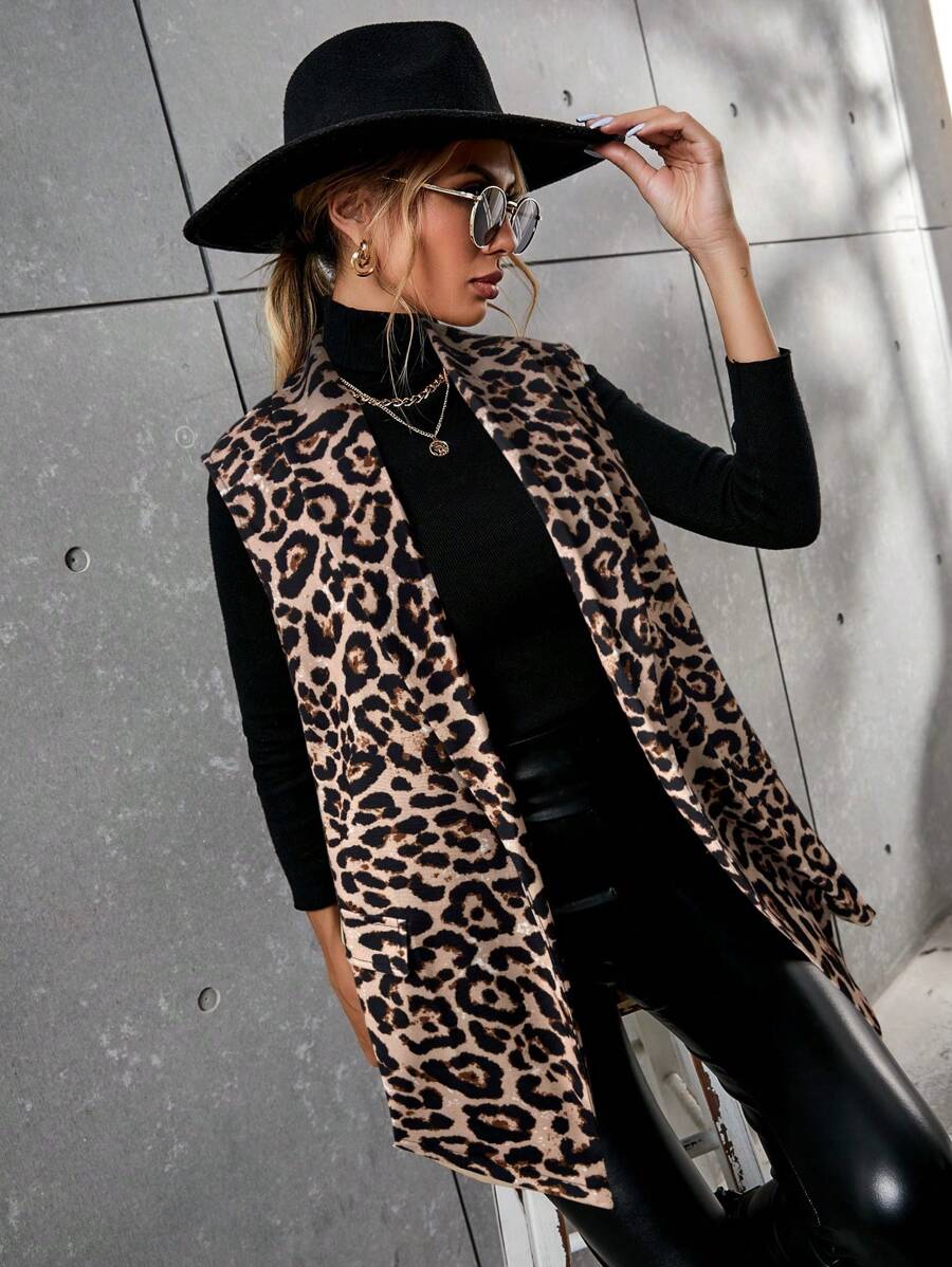 SHEIN Clasi Blazer de mujer de estampado de leopardo aleatorio sin mangas con cuello - Marrón - Ver 1