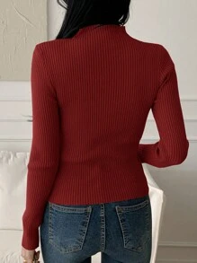 DAZY 女士纯色长袖立领休闲新款修身套头衫，适合秋季女装 - 紅色 - 查看 4