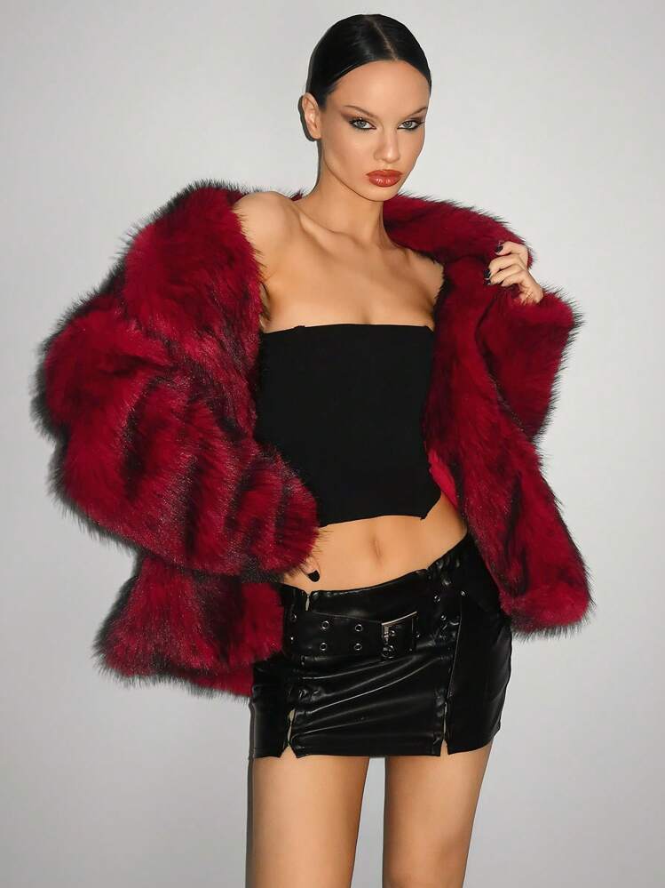 SHEIN ICON Abrigo de manga larga holgado y esponjoso con cuello amplio para mujer en otoño/invierno