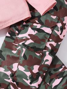 SHEIN Young Girl Sports & Casual Knit Round Neck Long Sleeve Top And Colorful Camo Print Pants Set - Multicolor - View 4