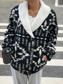 SHEIN Essnce Women's Geometric Pattern Drop Shoulder Loose Fluffy Jacket, Long Sleeve, Autumn/Winter