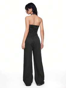 ROMWE Grunge Punk Sexy Punk Style Simple Streetwear Crop Top & Striped Contrast Color Wide Leg Jumpsuits For Women, Black/White/Gray