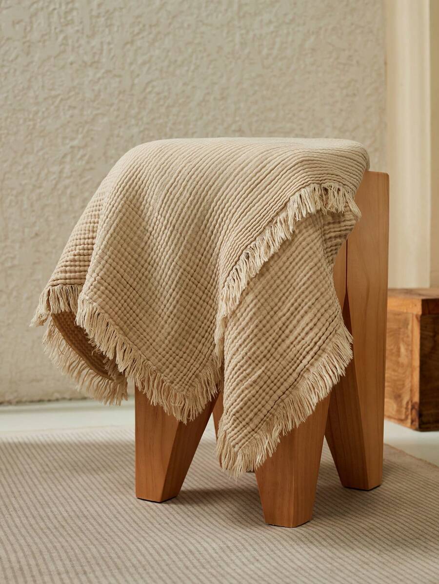 Cirelle 1 件针织流苏格子毯，4 层柔软皱纹纱布盖毯，温暖舒适，适合沙发、旅行、家居装饰、午睡、卧室、Rama 睡前舒适、Rama 舒适家居、高端酒店用品、乔迁礼物、B&B 装饰、秋季装饰、秋季装饰、房间装饰