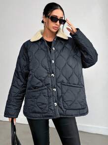 EURMUSE 斜口袋高品质羽绒超大冬季外套 - 藏蓝色 - 查看 7