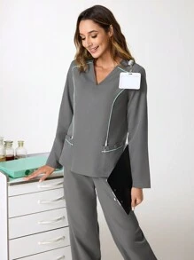 TaskEZ Women's Loose Contrast Color Trim Long Sleeve Top And Jogger Pants Set, Nursing Scrub Uniform Set - Dark Grey - View 1