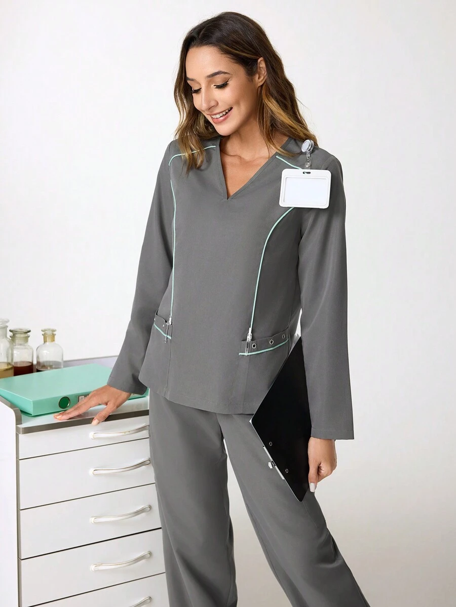 TaskEZ Women's Loose Contrast Color Trim Long Sleeve Top And Jogger Pants Set, Nursing Scrub Uniform Set - Dark Grey - View 1
