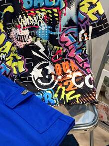 Tween Boy/Tween Boy Graffiti Printed Loose Fit Collared Short Sleeve T-Shirt And Shorts Set, Outfit Sets With T-Shirt