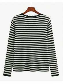 INAWLY Vrouwen gestreepte en kant patchwork ronde hals lange mouw T-shirt grafische T-shirts vrouwen tops voor lente-outfit