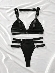 SHEIN Set de 2 piezas Sujetador sin aros liso y decorativo sin costuras para mujer Conjunto de ropa interior sexy Conjunto de bikini de 3 piezas Conjunto de lencería Color: Negro Bikini de cintura alta