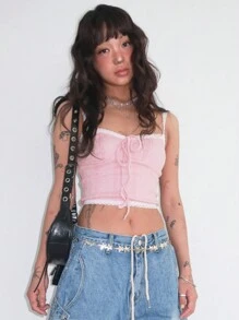 DAZY 修身蕾丝拼布吊带背心，性感女性节日 Y2k - 粉色 - 查看 8