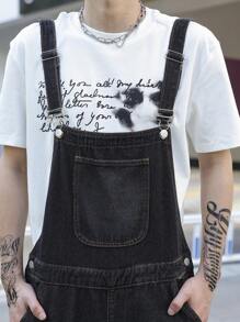 Manfinity Homme Men's Wide Strap Button Pocket Simple Casual Denim Bib Overalls