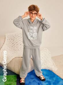 2pcs Tween Boy Set: Hoodie With Letter Pattern And Pants - Grey - View 3
