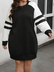 SHEIN LUNE Plus Size Women Raglan Sleeve Contrast Color Spliced Casual Sweatshirt Dress For Autumn Thanksgiving Outfit Women New Years Women Outfit Winter Dresses Winter Clothes Women Rave Outfits Winter Clothes For Women Tops