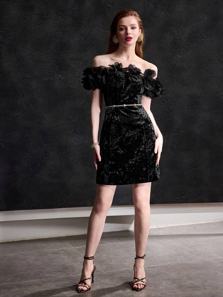VELVET STEREO FLOWER DETAIL OFF SHOULDER SLIM FIT COCKTAIL DRESS WITHOUT BELT