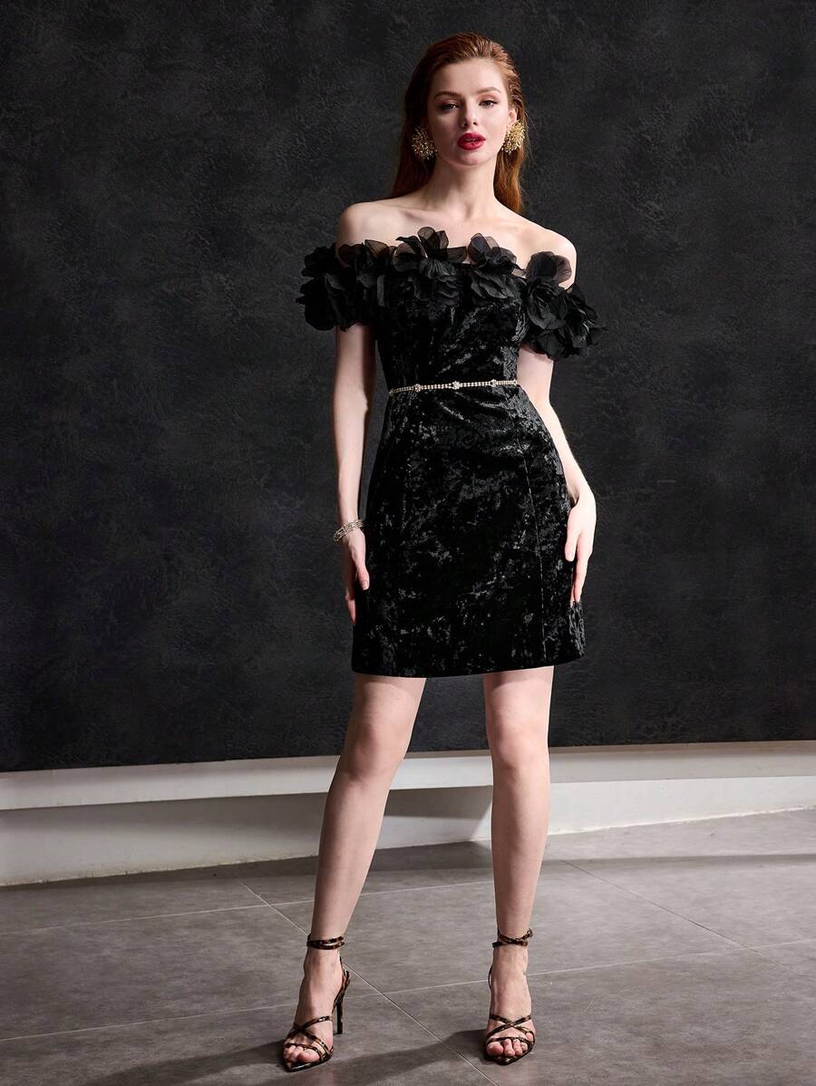 MOTF PREMIUM VELVET STEREO FLOWER DETAIL OFF SHOULDER SLIM FIT COCKTAIL DRESS WITHOUT BELT