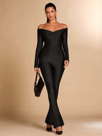 SHEIN BAE Women's Sexy Elegant Long Sleeve Criss-Cross Off Shoulder V-Neck Jumpsuit, Suitable For Party, Christmas, Black, Slim Fit, For Party, Night Out, Christmas Party