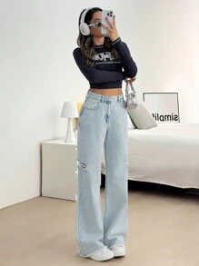 EURMUSE HIGH RISE WIDELEG RIPPED LIGH BLUE JEAN - Light Wash - View 6