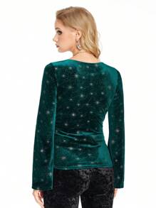 ROMWE Hippie Women's Hippie Velvet Gold Foil Star Flare Sleeve T-Shirt