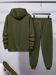 Manfinity Dauomo 2 sztuki męska jednokolorowa bluza z długim rękawem i ściągaczem z kapturem oraz spodnie dresowe, swobodny garnitur, jesień