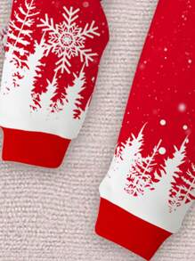 SHEIN 年轻女孩圣诞节可爱卡通驯鹿、圣诞树、雪花图案红色节日保暖贴身长袖上衣和裤子家居套装，适合秋冬季 - 彩色 - 查看 6