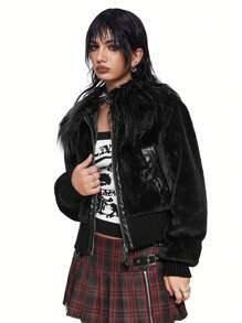 ROMWE Grunge Punk Gyaru Snow 朋克时尚人造毛皮和 PU 拼布短款女式夹克 - 黑色 - 查看 6
