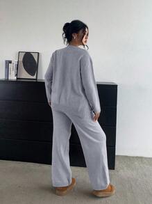 Flirla Plus Size Soft, Slimming & Versatile Casual Wide-Leg Pants And Long Sleeve Knit Set, For Winter - Grey - View 2