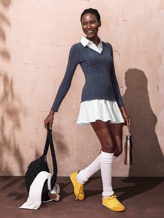 VARSITIE Shirt Collar Pleated Knitted Stitching 2 In 1 Women Dresses