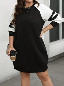 SHEIN LUNE Plus Size Women Raglan Sleeve Contrast Color Spliced Casual Sweatshirt Dress For Autumn Thanksgiving Outfit Women New Years Women Outfit Winter Dresses Winter Clothes Women Rave Outfits Winter Clothes For Women Tops