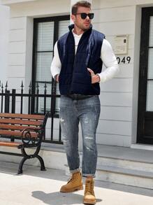 Manfinity Homme Plus Size Men's Solid Color Zip Front Casual Vest Padded Coat, Winter
