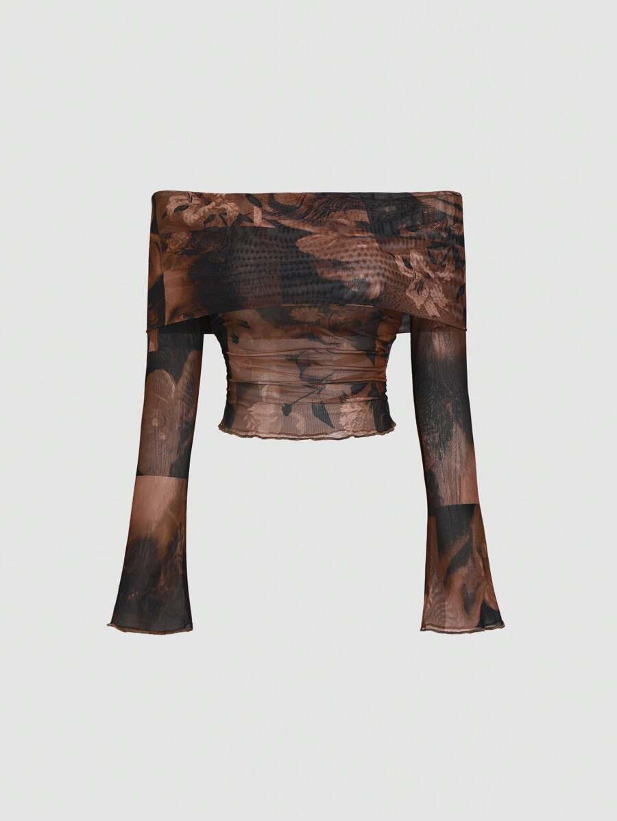 Sweetra 复古百搭露肩皱褶长袖 T 恤，秋冬配色 Y2K 图案 T 恤女款春季上衣