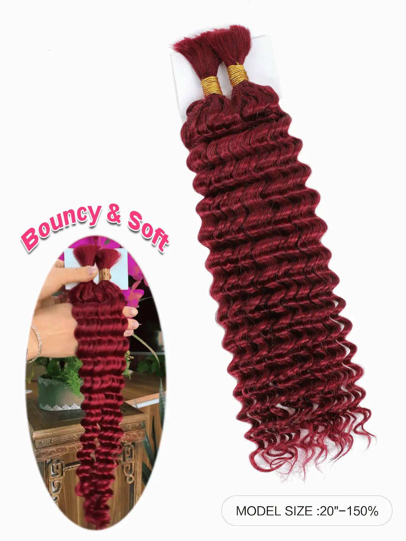 2 件编织假发散装无纬深波浪钩针真人发纯色 99J# 原生真人发接发无结辫子接发万圣节服装 - S99J - 查看 2