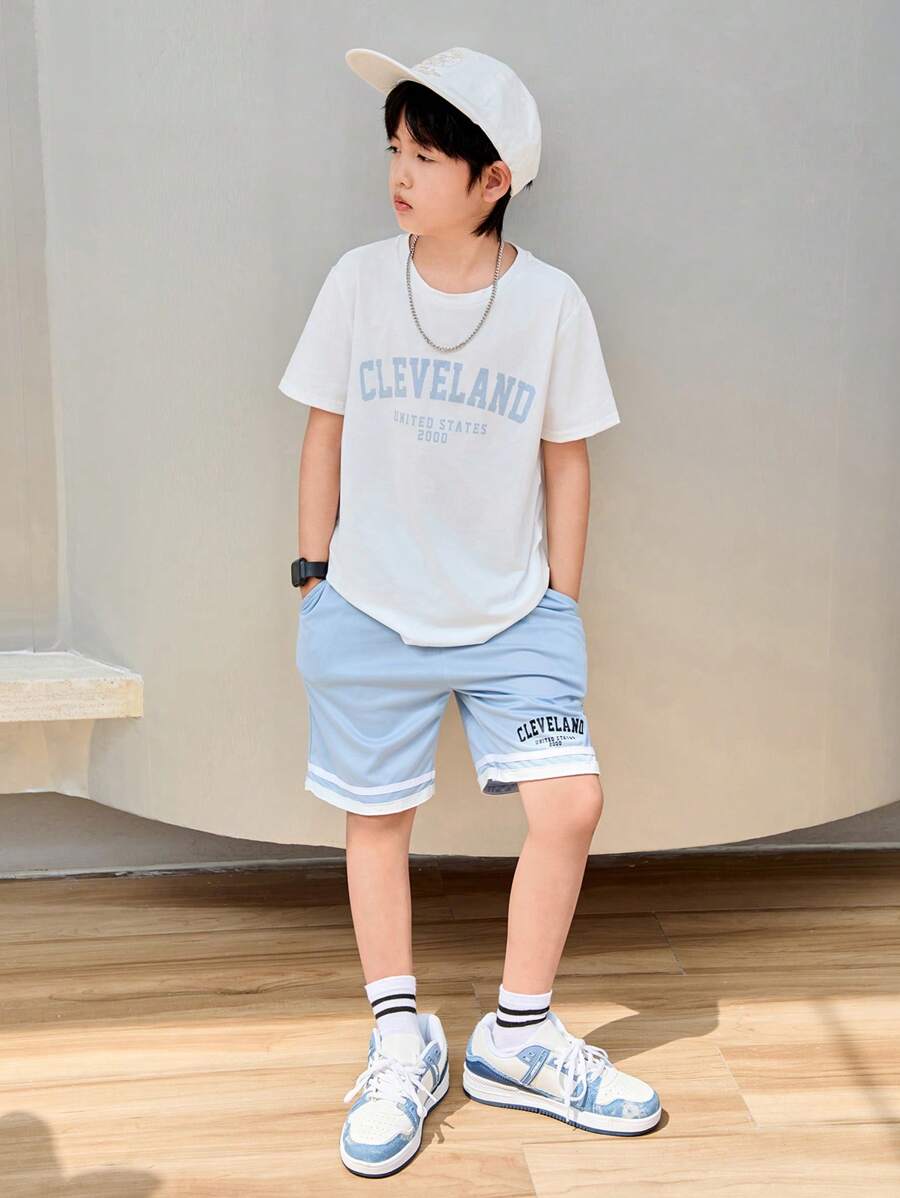 SHEIN Leap Crew Tween Boys Set Kantong Huruf Casual - Baby Blue - View 1