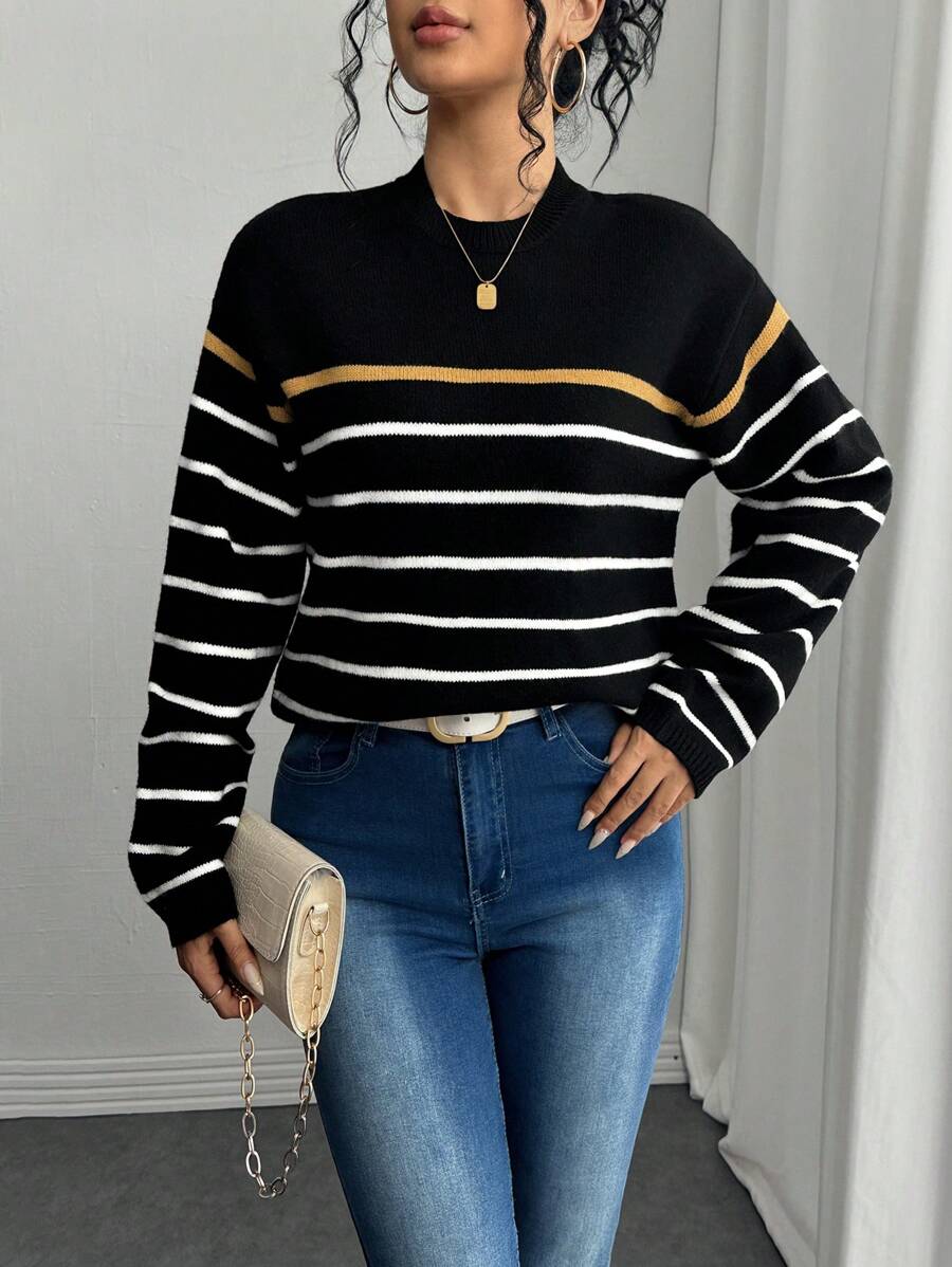 SHEIN Unity Women's Classic Casual Slouchy Colorblock Striped Knit Sweater, Autumn/Winter Knit Pullover Fall - Black - View 1