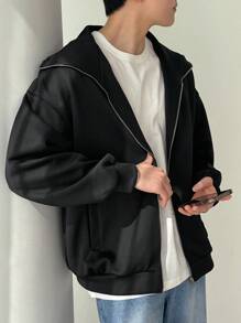DAZY Men's Solid Color Long Sleeve Zip-Up Hoodie Sweatshirt, Casual For Autumn/Winter - Black - View 8