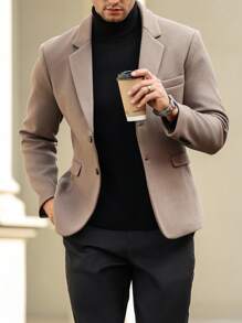 Manfinity Mode 男士纯色休闲翻领长袖西装外套，适合秋季 - 棕色 - 查看 3